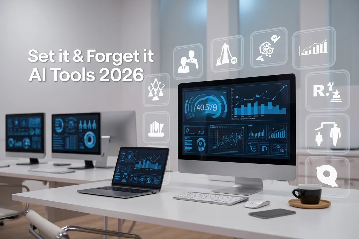 Modern workspace illustrating set and forget AI software for business growth.