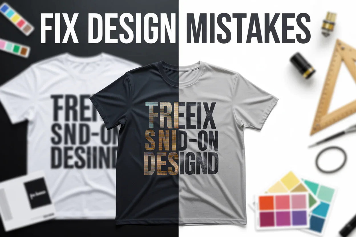 Visual guide showing how to identify and fix common print-on-demand design errors to improve print quality.