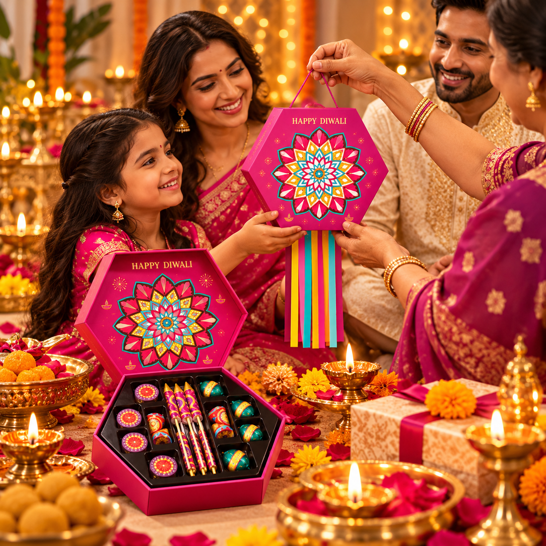 Family opening the Festive Spark Confection Box together during Diwali