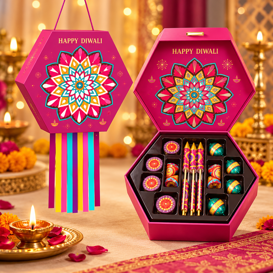 Festive Spark Confection Box hanging closed and open beside Diwali lamps