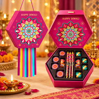 Festive Spark Confection Box hanging closed and open beside Diwali lamps