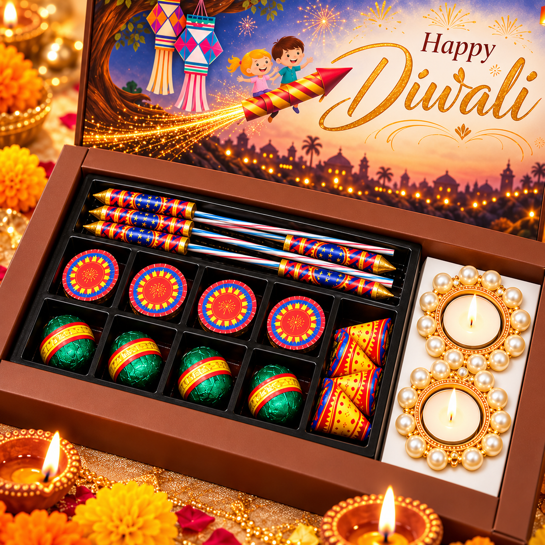Open Spark Trail Celebration Box with rockets, rassi bombs, zameen chakris, anars and pearl candles