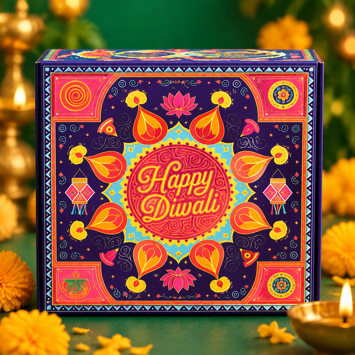 Happy Diwali decorative gift box with mandala design