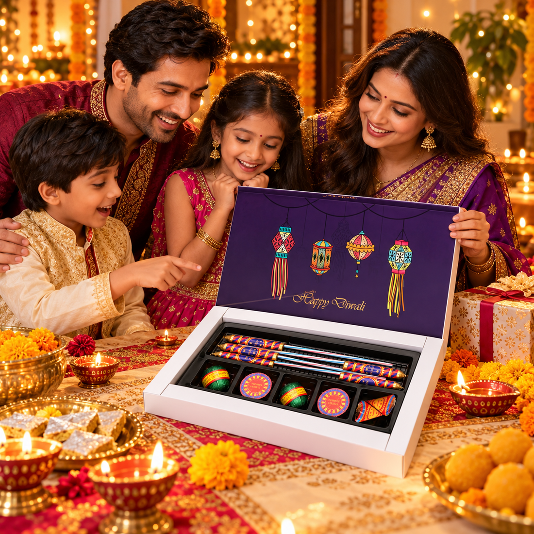 Family opening the Lantern Glow Celebration Box together during Diwali