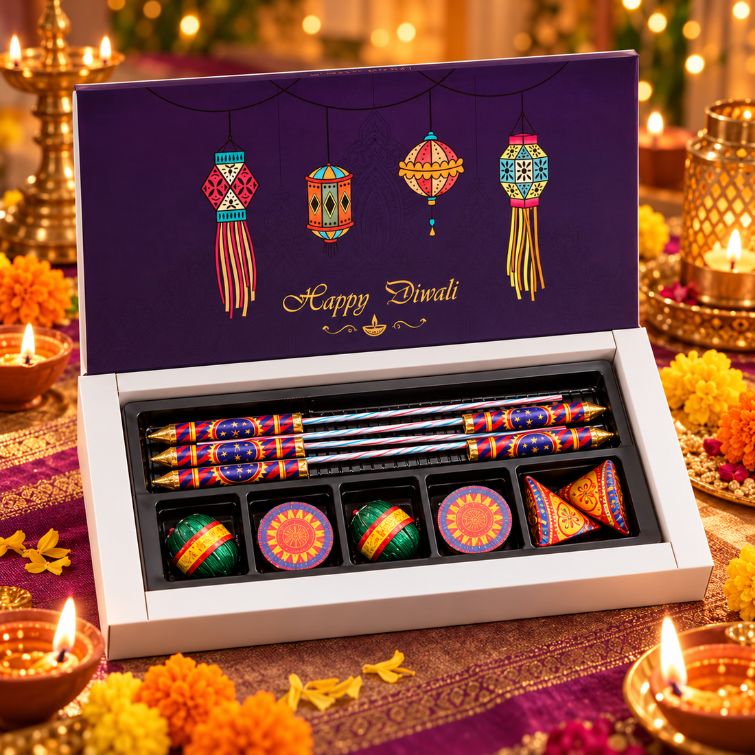 Lantern Glow Celebration Box with its lantern-print Happy Diwali lid open