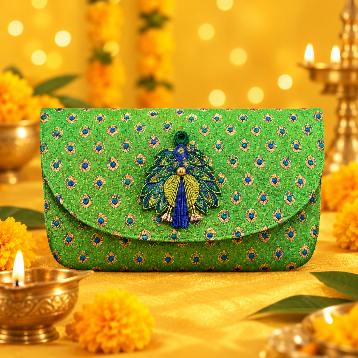 Green peacock embroidered pooja accessory pouch