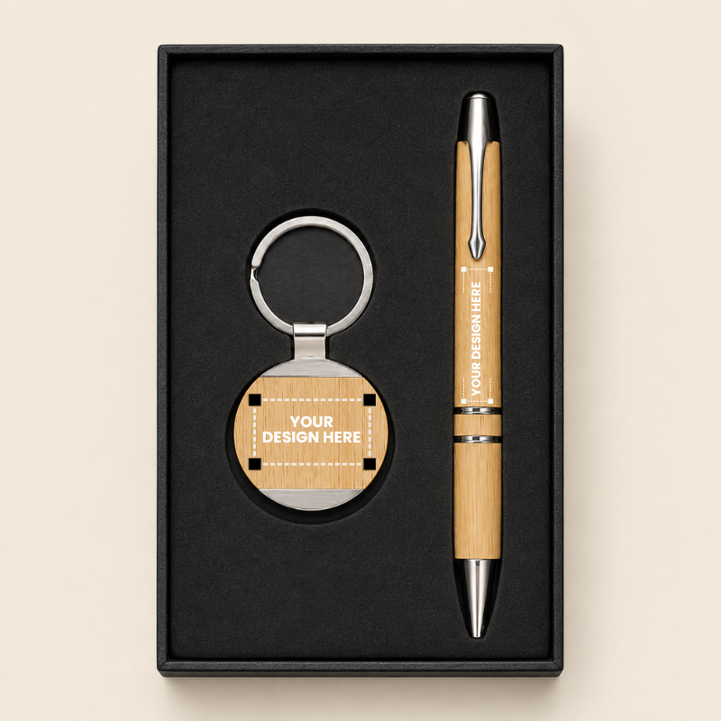 Round Bamboo Keychain & Bamboo Pen Gift Set