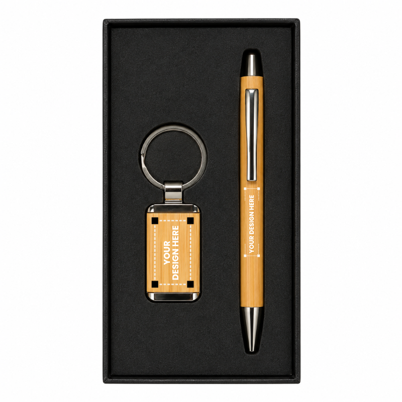 Rectangular Bamboo Keychain & Bamboo Pen Gift Set