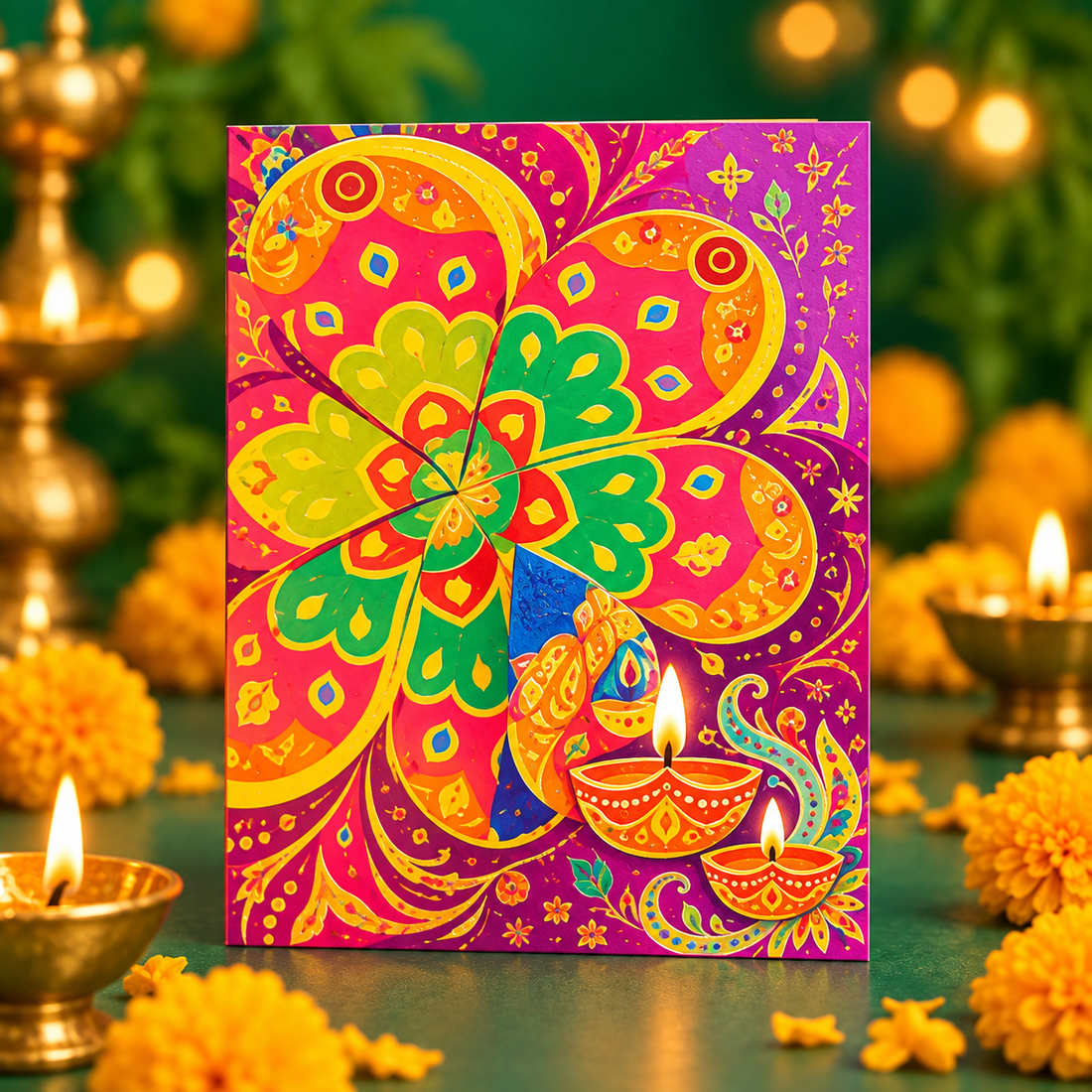 Colorful Diwali greeting card with diya and floral design
