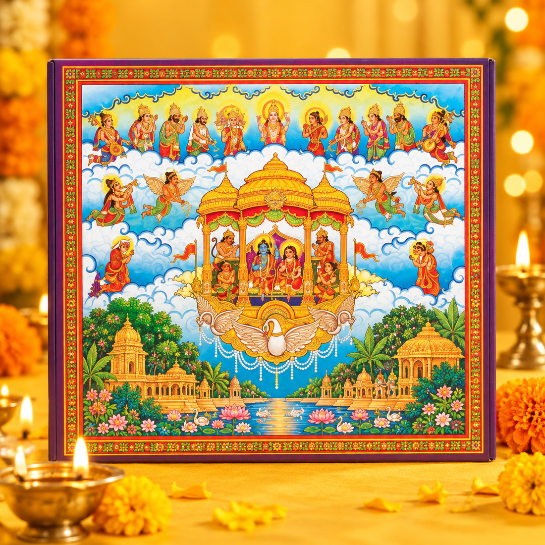 Large festive artwork box with traditional deity design
