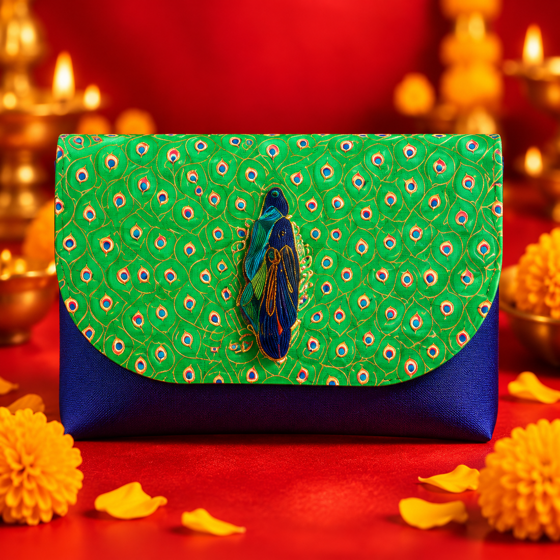 Green peacock embroidered decorative pouch