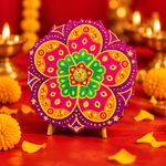 Decorative festive diya setup on a wooden stand