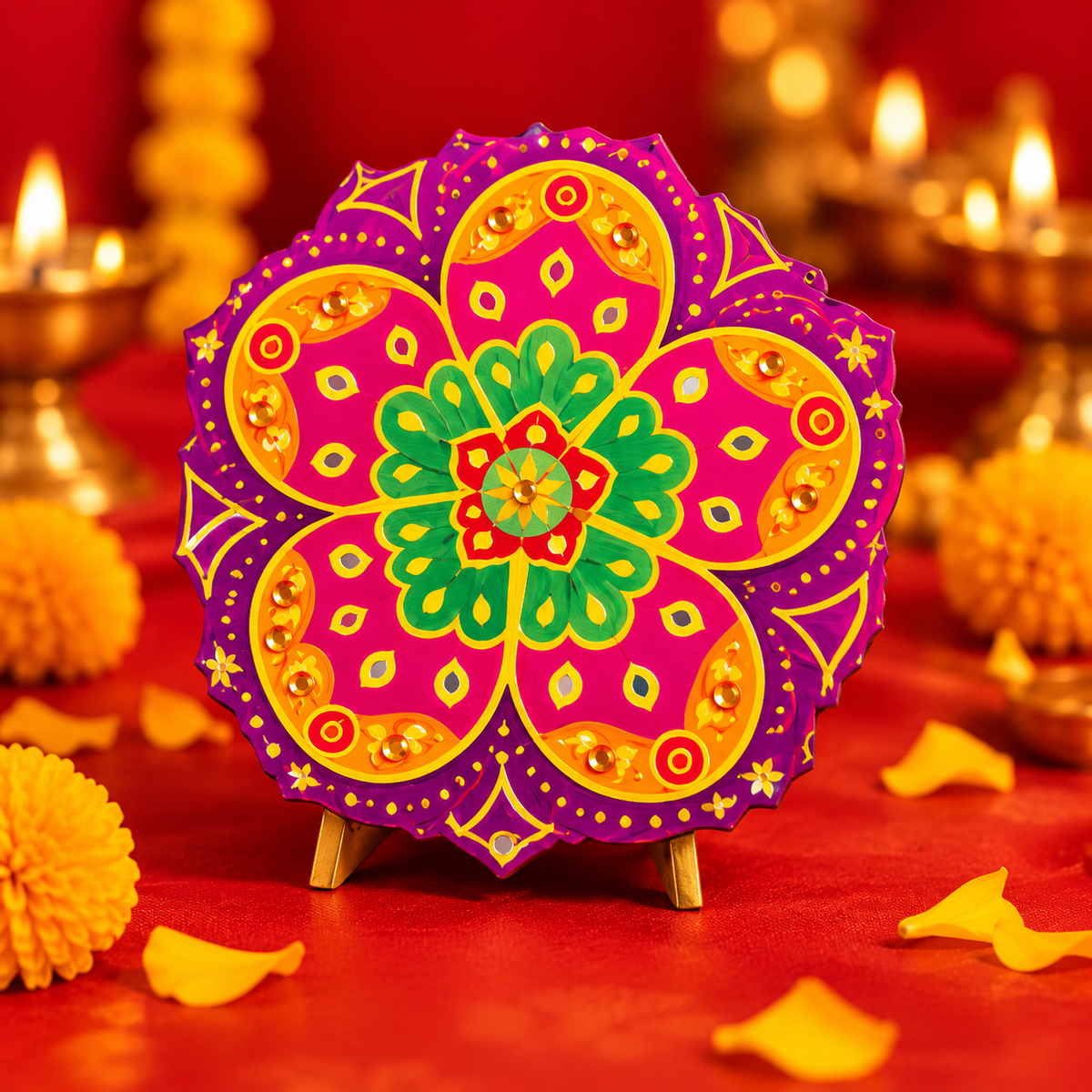 Decorative festive diya setup on a wooden stand