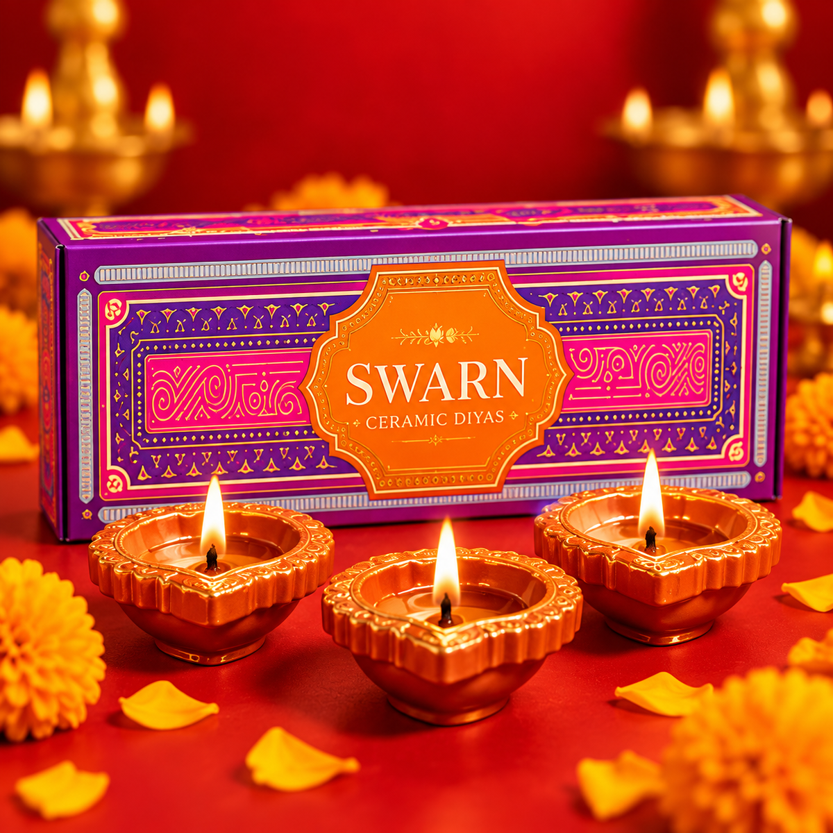 Swarn ceramic diyas box with three lit diyas