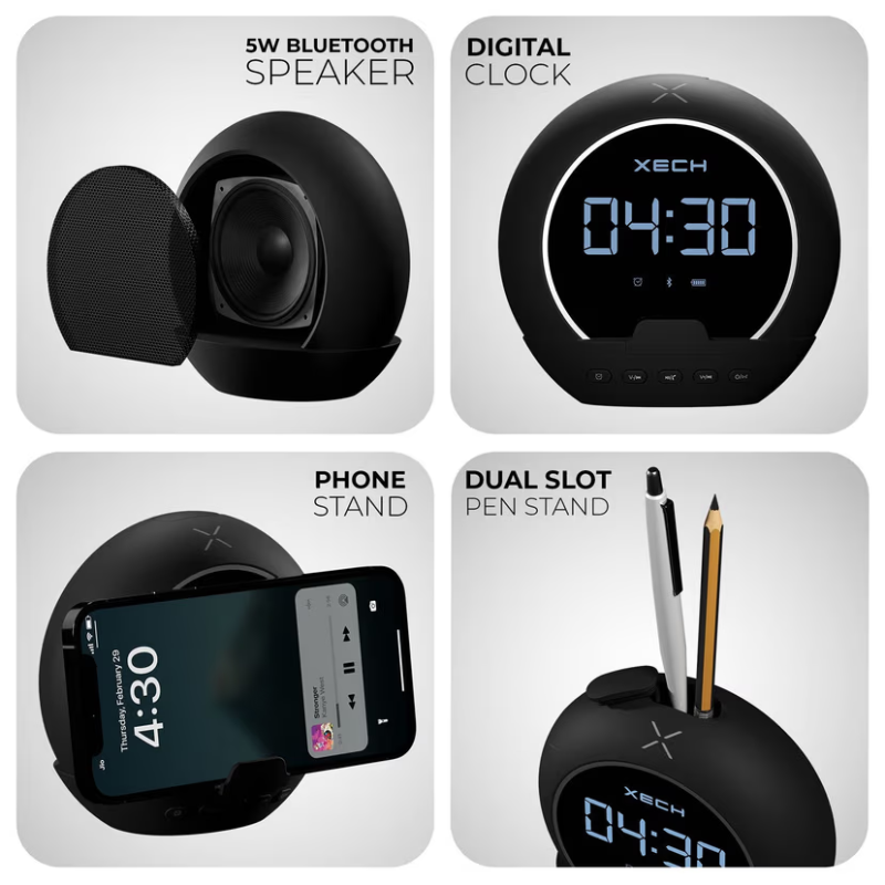 Mini party speaker with phone holder and alarm