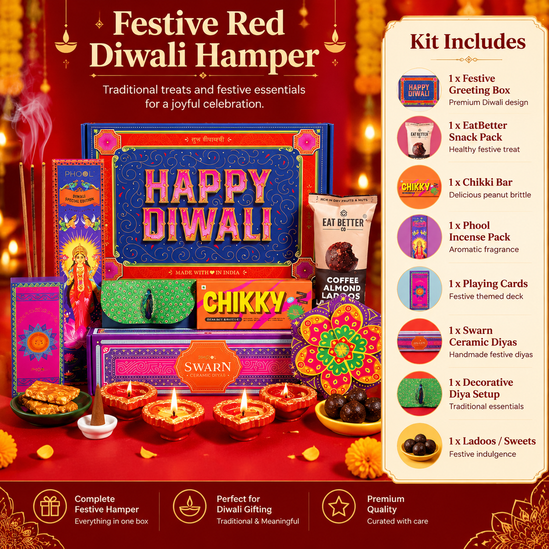Festive Red Diwali Hamper gift contents overview