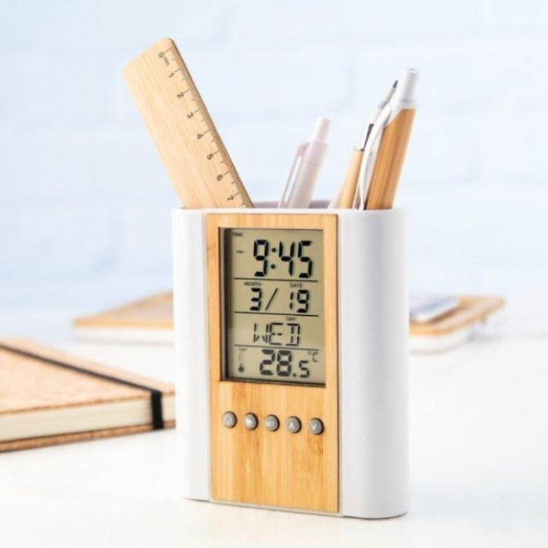 Wooden Pen Stand With Clock