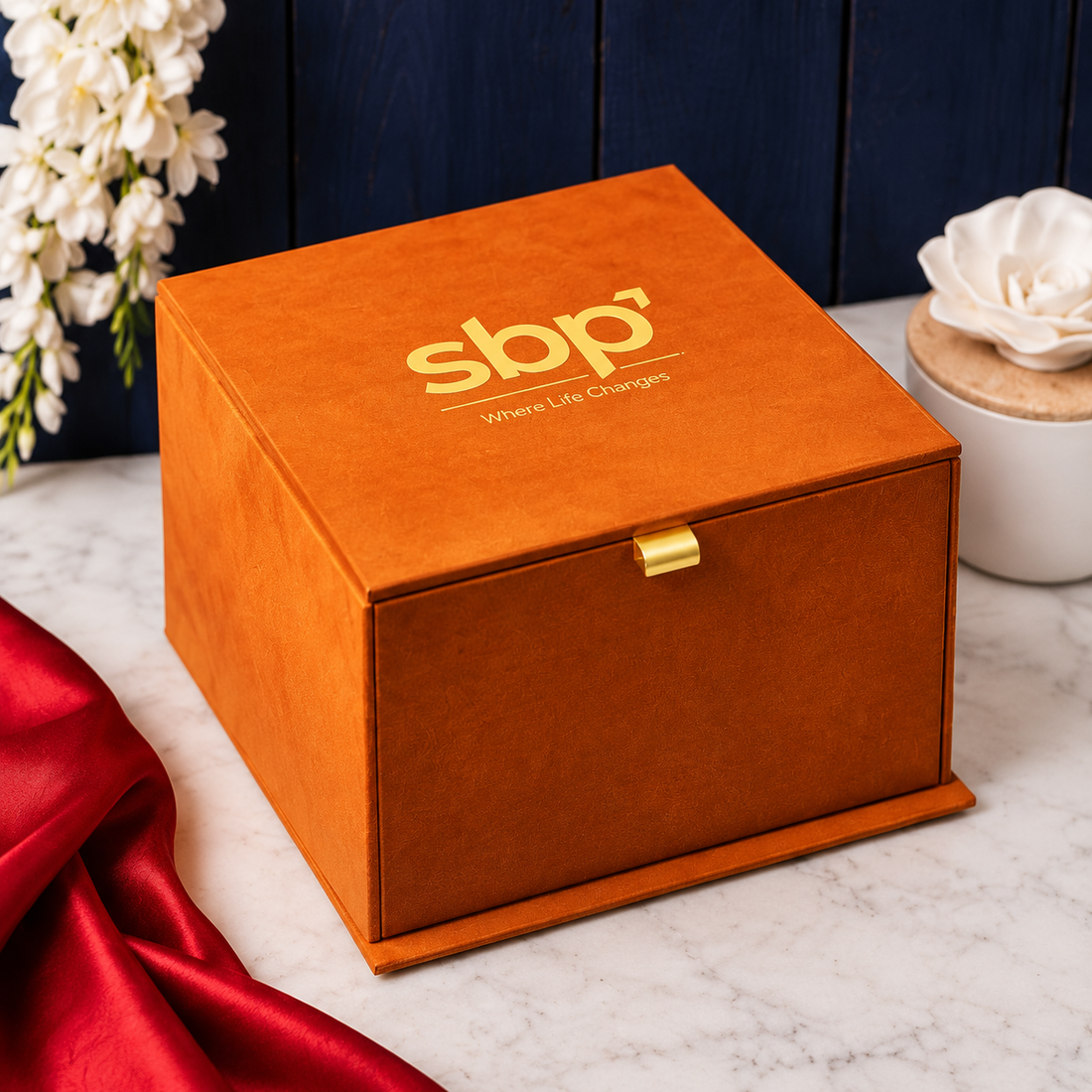 Premium leather-finish festive gift box, closed