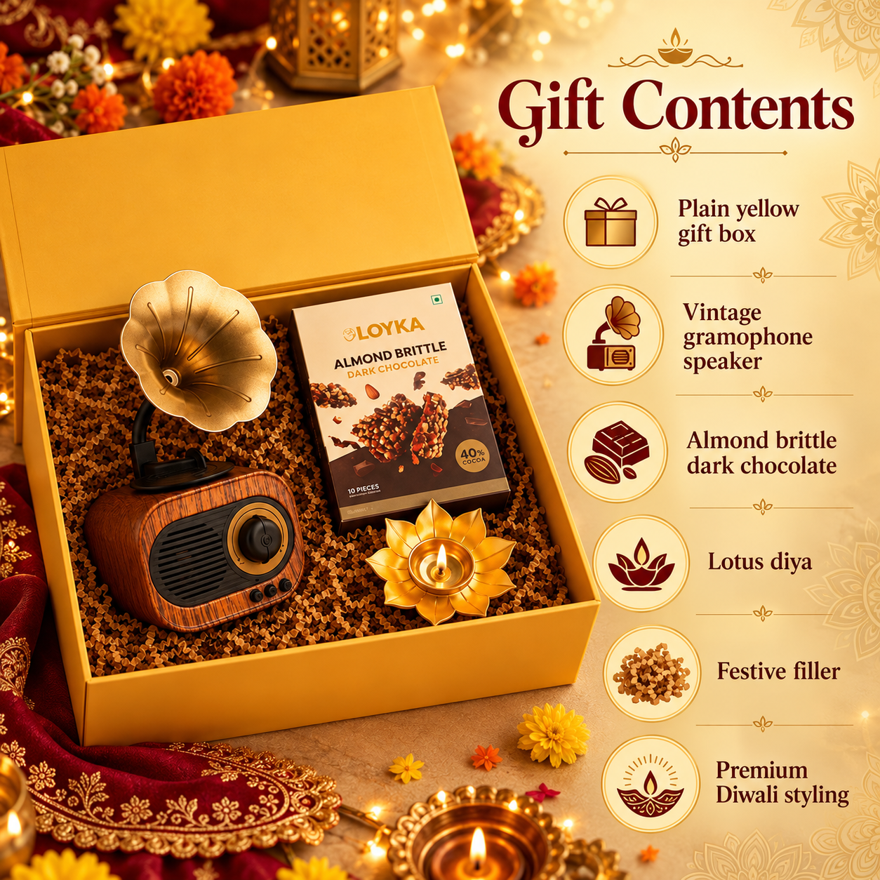 Vintage Gramophone Diwali Gift Hamper contents overview