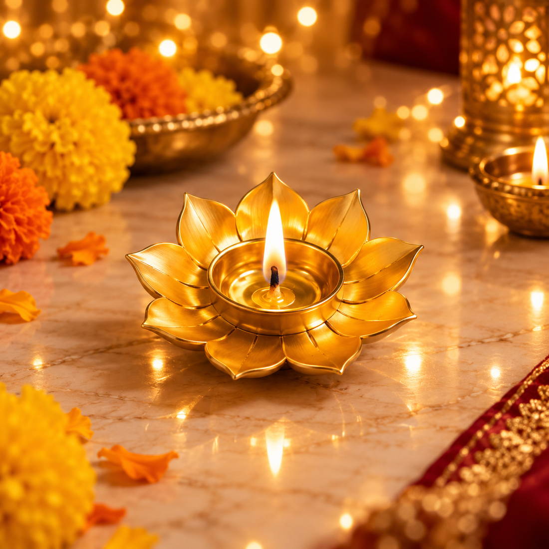 Gold lotus-shaped diya with lit candle