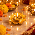 Gold lotus-shaped diya with lit candle