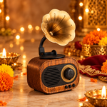 Vintage wooden gramophone-style speaker