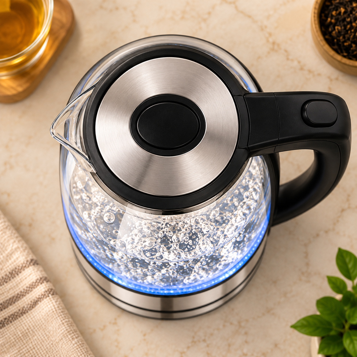 Electric glass kettle with illuminated blue LED base, top view
