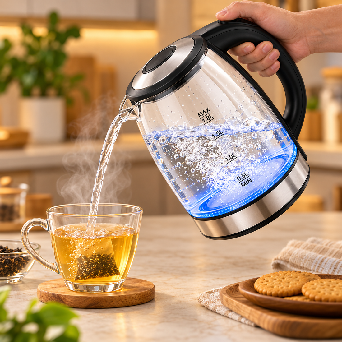 Electric glass kettle pouring hot water into a tea cup