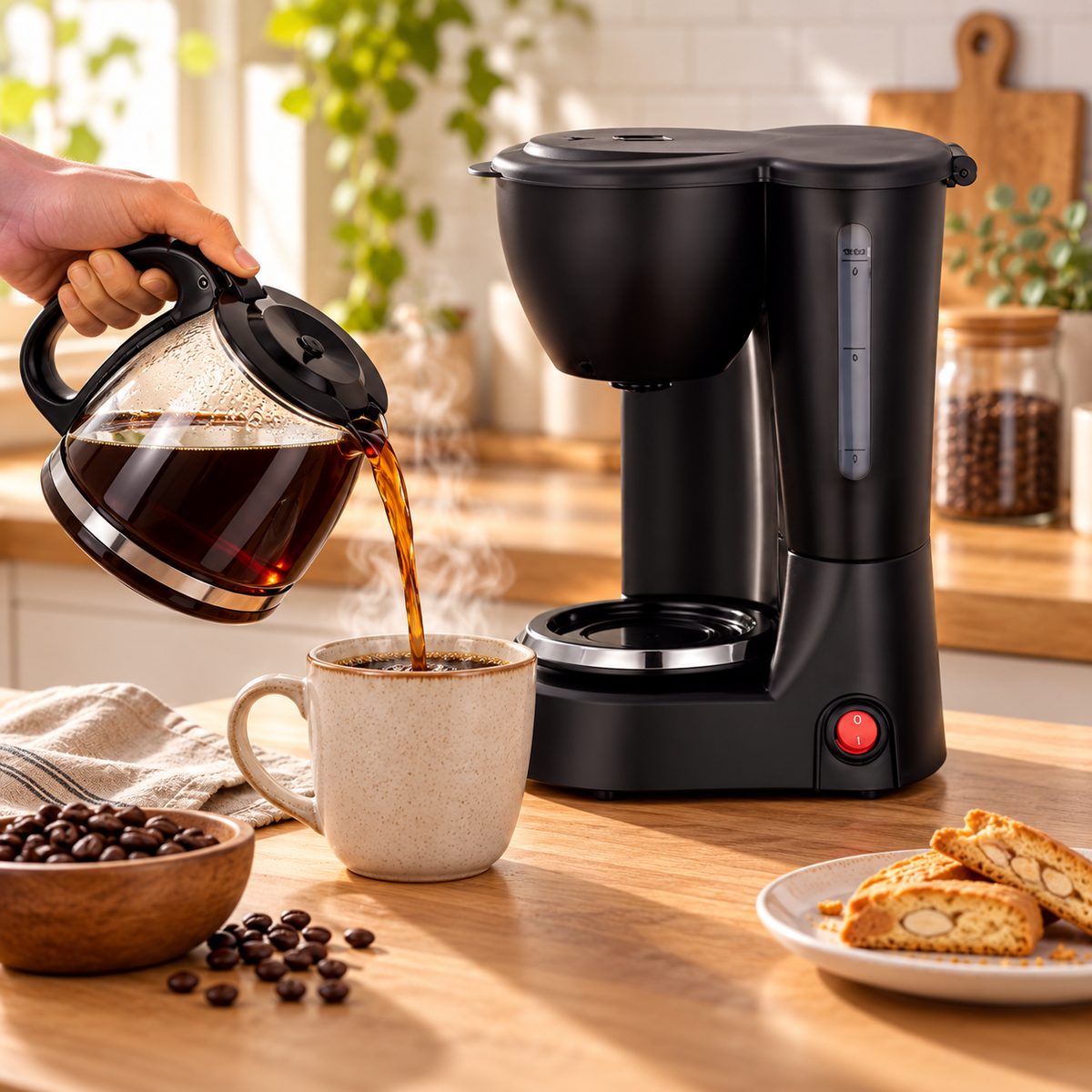 Pouring coffee from the glass carafe into a mug