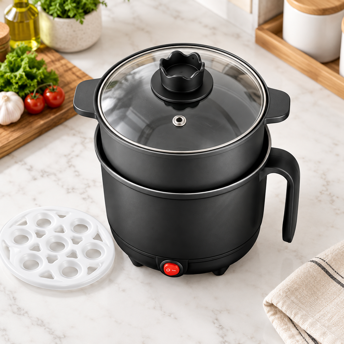 Multi Kettle with glass lid and egg attachment tray, top view