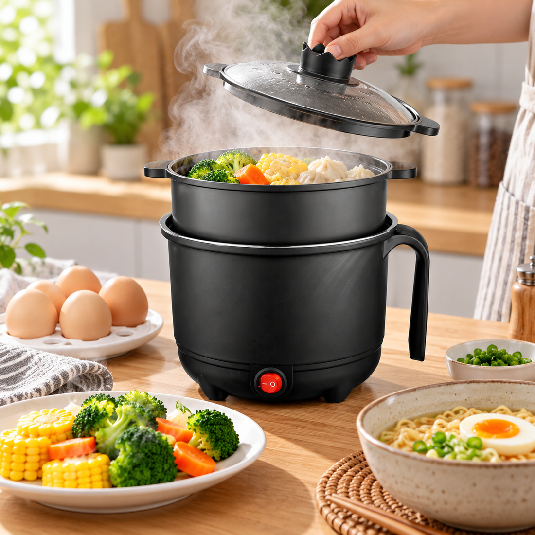 Multi Kettle steaming vegetables and dumplings