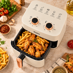 Manual Air Fryer cream finish, top view with basket open
