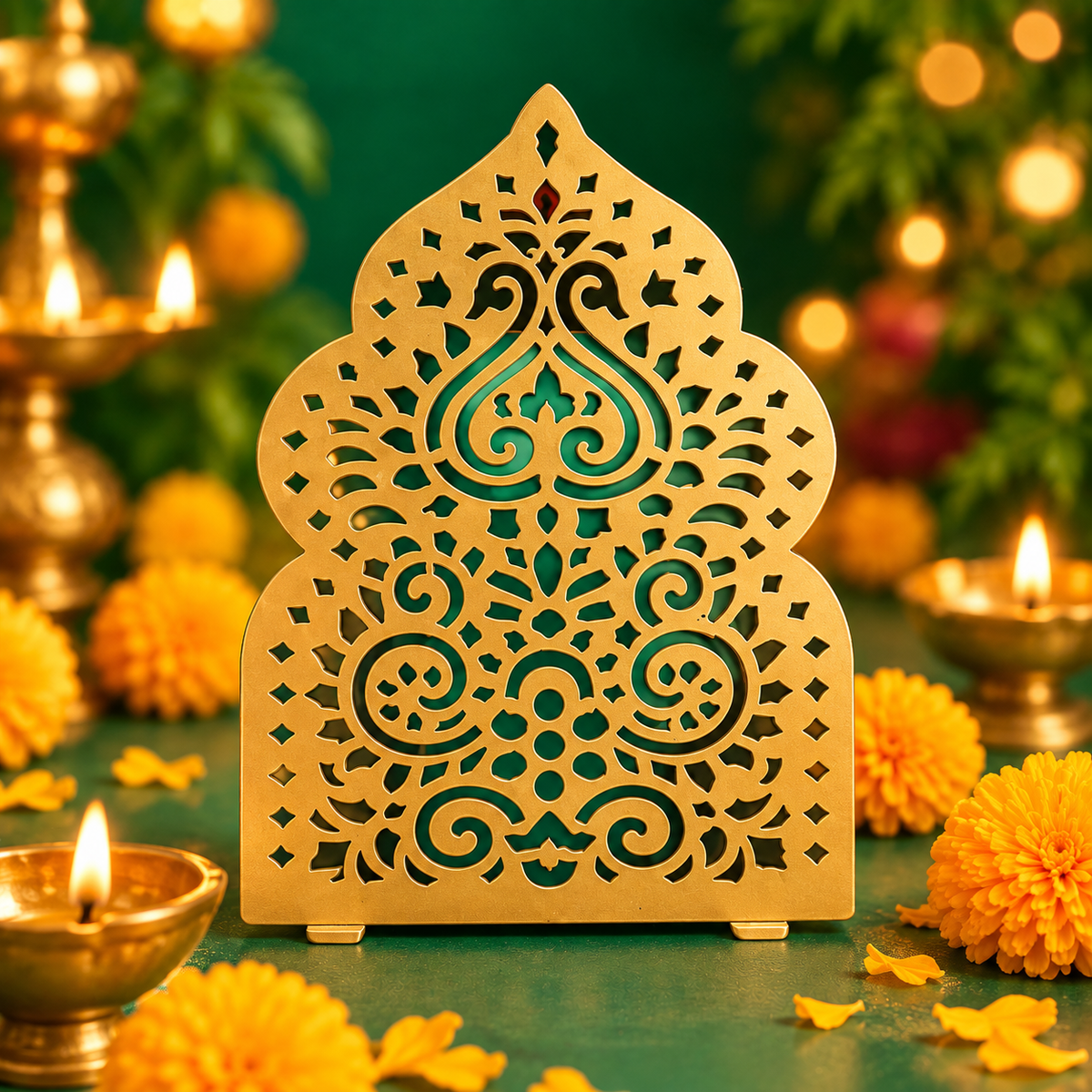 Gold decorative diya stand with cutout design