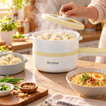 Multifunction Electric Pan Cream Yellow, lid lifted with steam rising