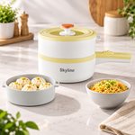 Multifunction Electric Pan Cream Yellow with dumpling steamer and noodle bowl