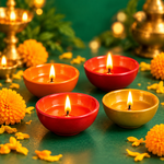 Set of 4 colourful ceramic diyas with lit candles