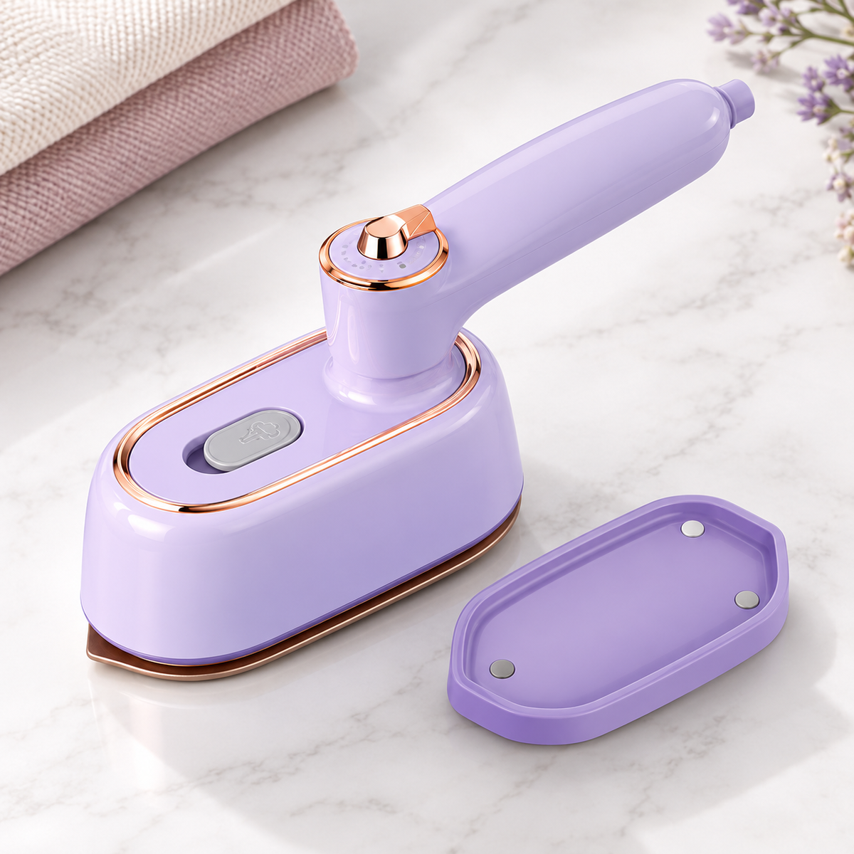 Portable Garment Steamer in lilac with rose gold trim, water tank detached