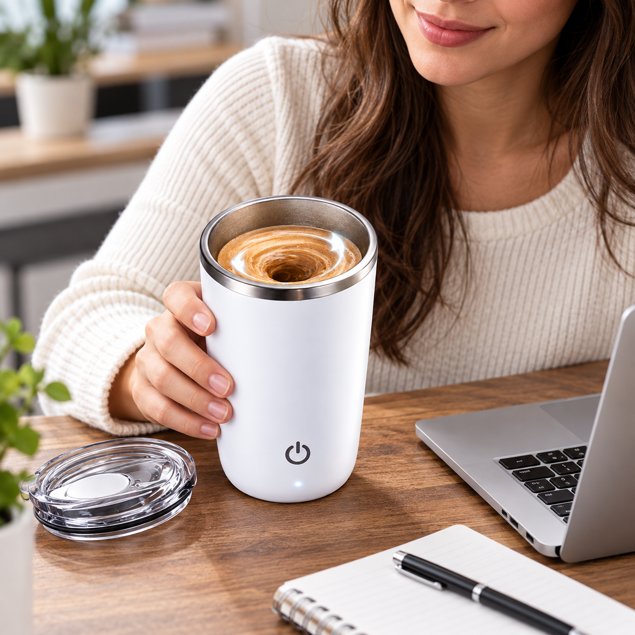 Automatic Stirring Mug in white stirring a coffee on an office desk