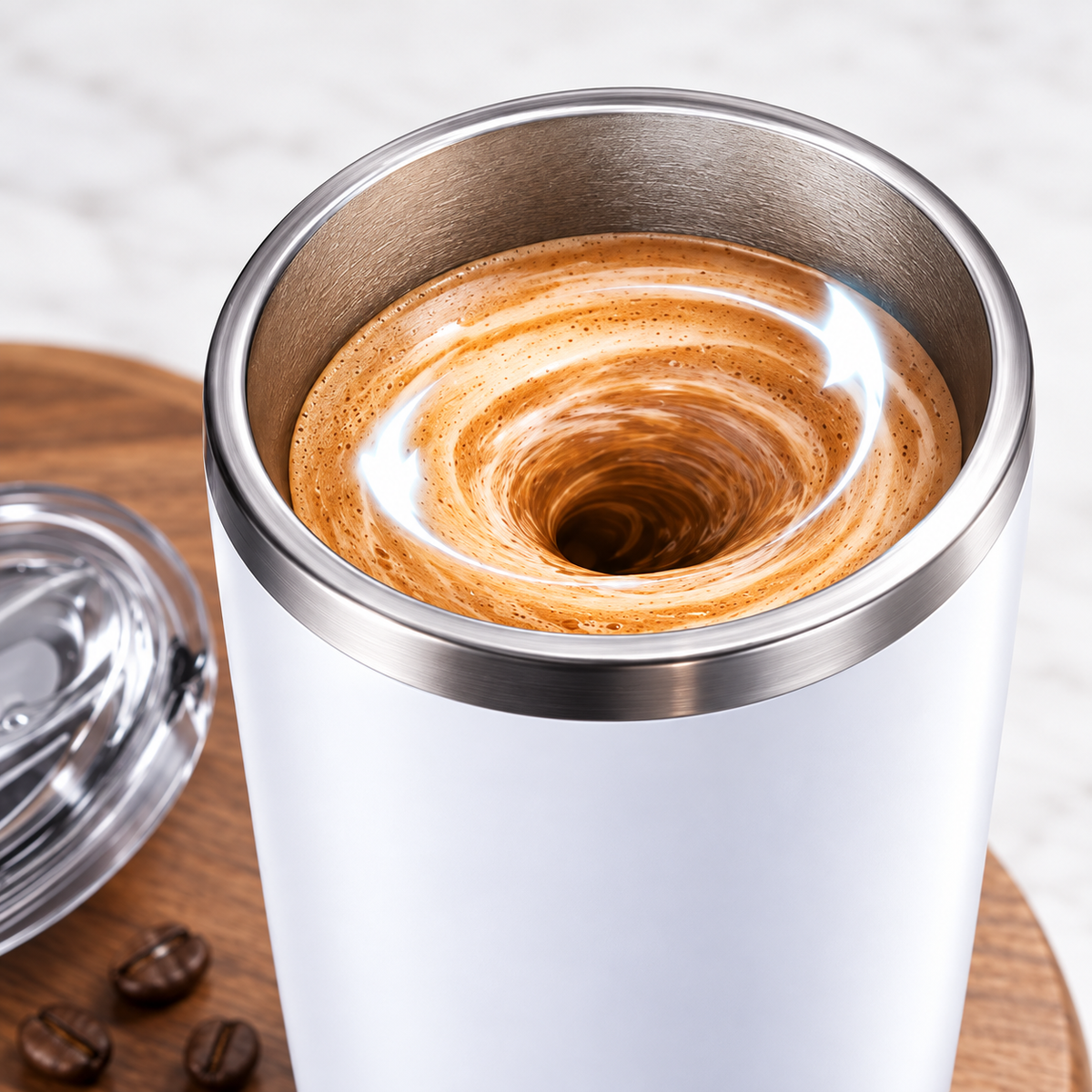 Close-up of the Automatic Stirring Mug swirling coffee with a stainless steel interior