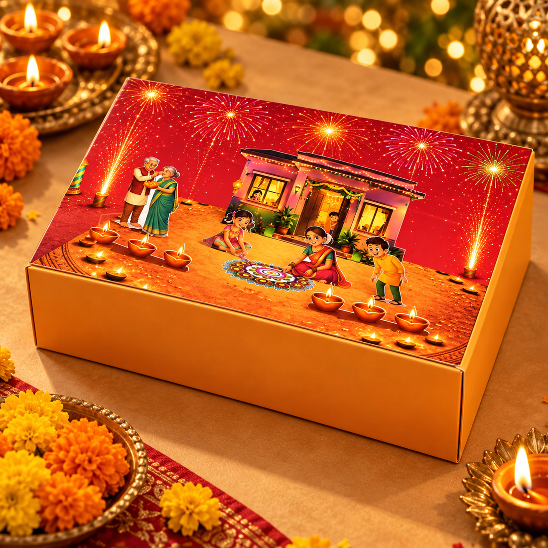 Utsav Glow Hamper closed gift box with illustrated Diwali lid