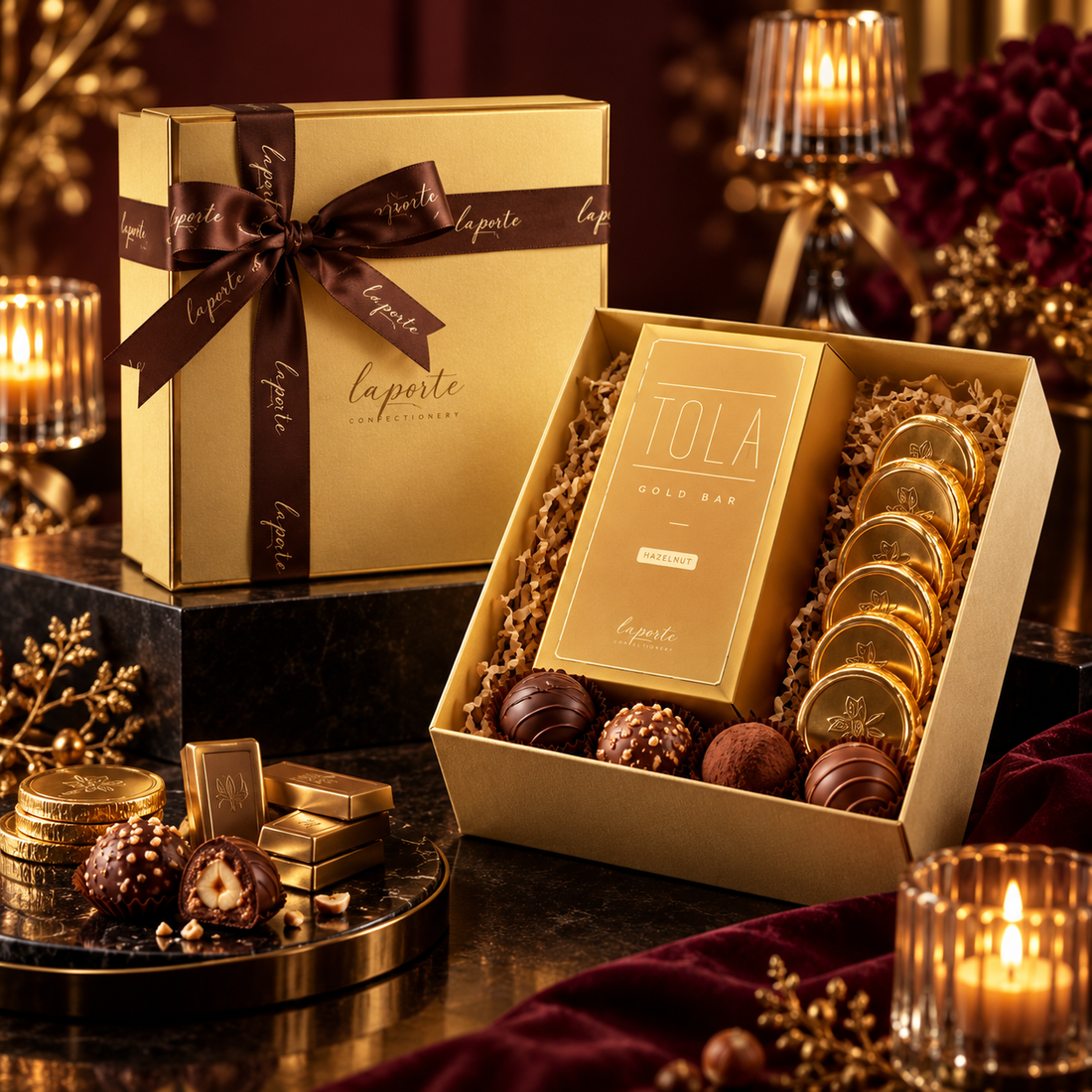 Aurum Noir Luxe Hamper closed gold gift box with satin ribbon next to the open box
