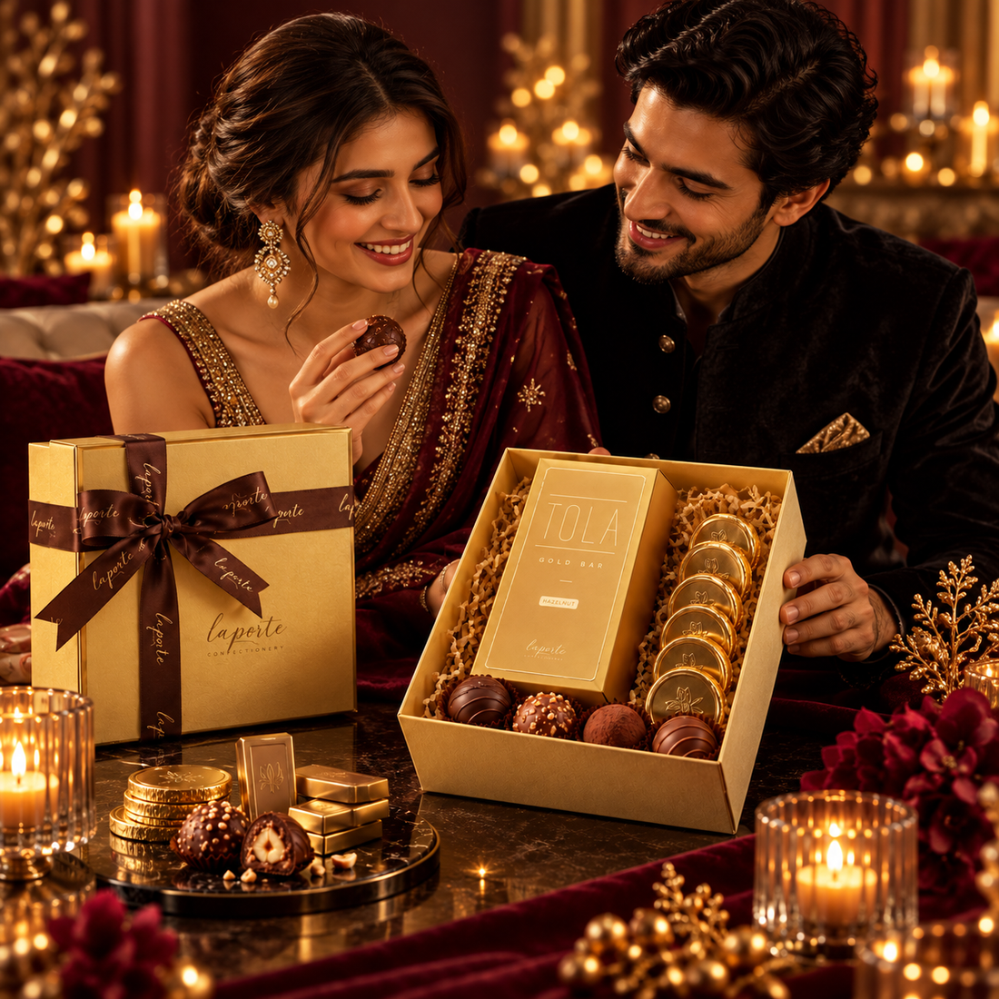Couple enjoying the Aurum Noir Luxe Hamper chocolates together during Diwali