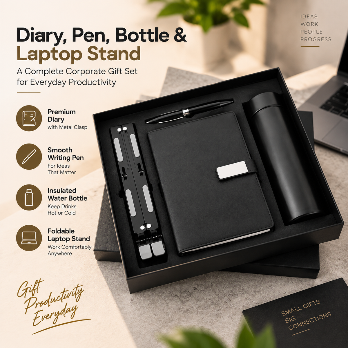 Diary Pen Bottle and Laptop Stand gift set detail view