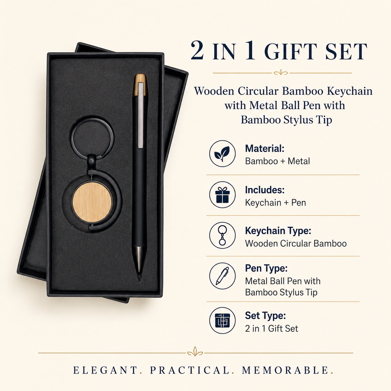 Circular Bamboo Keychain & Stylus Pen Gift Set view 2