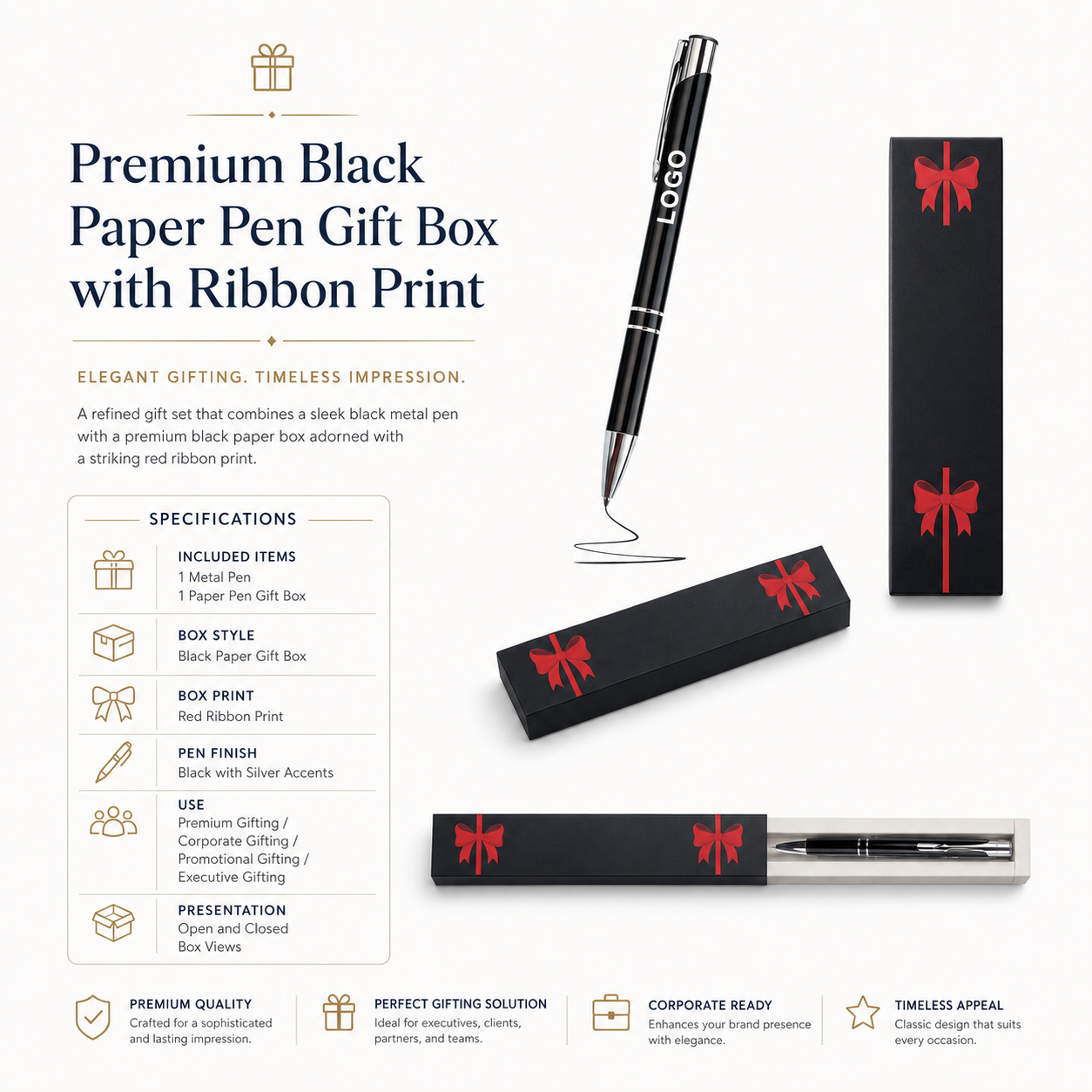 Premium Black Paper Pen Gift Box with Ribbon Print view 4