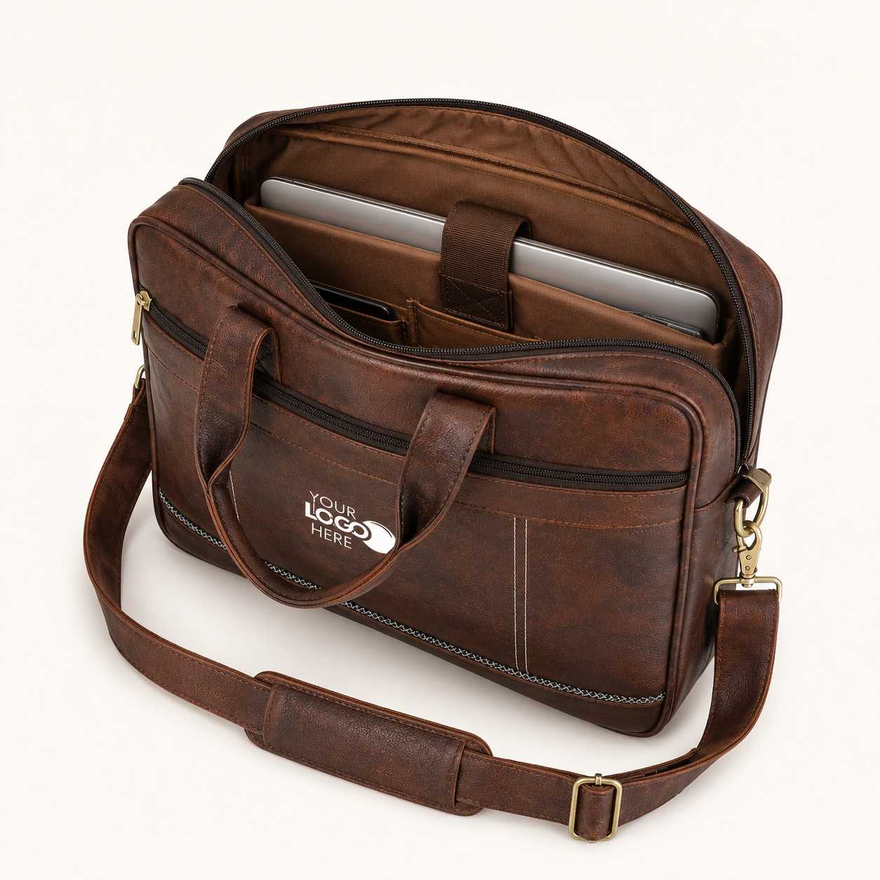 Brown Vegan Leather Laptop Messenger Bag view 3