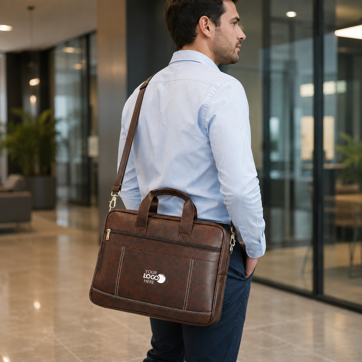 Brown Vegan Leather Laptop Messenger Bag view 2