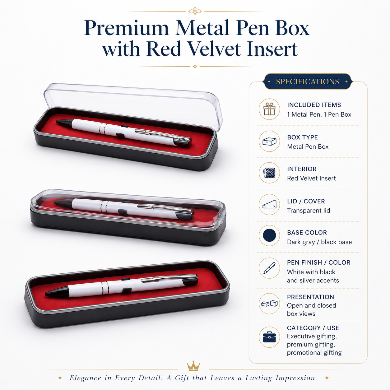 Premium Metal Pen Box with Red Velvet Insert view 3