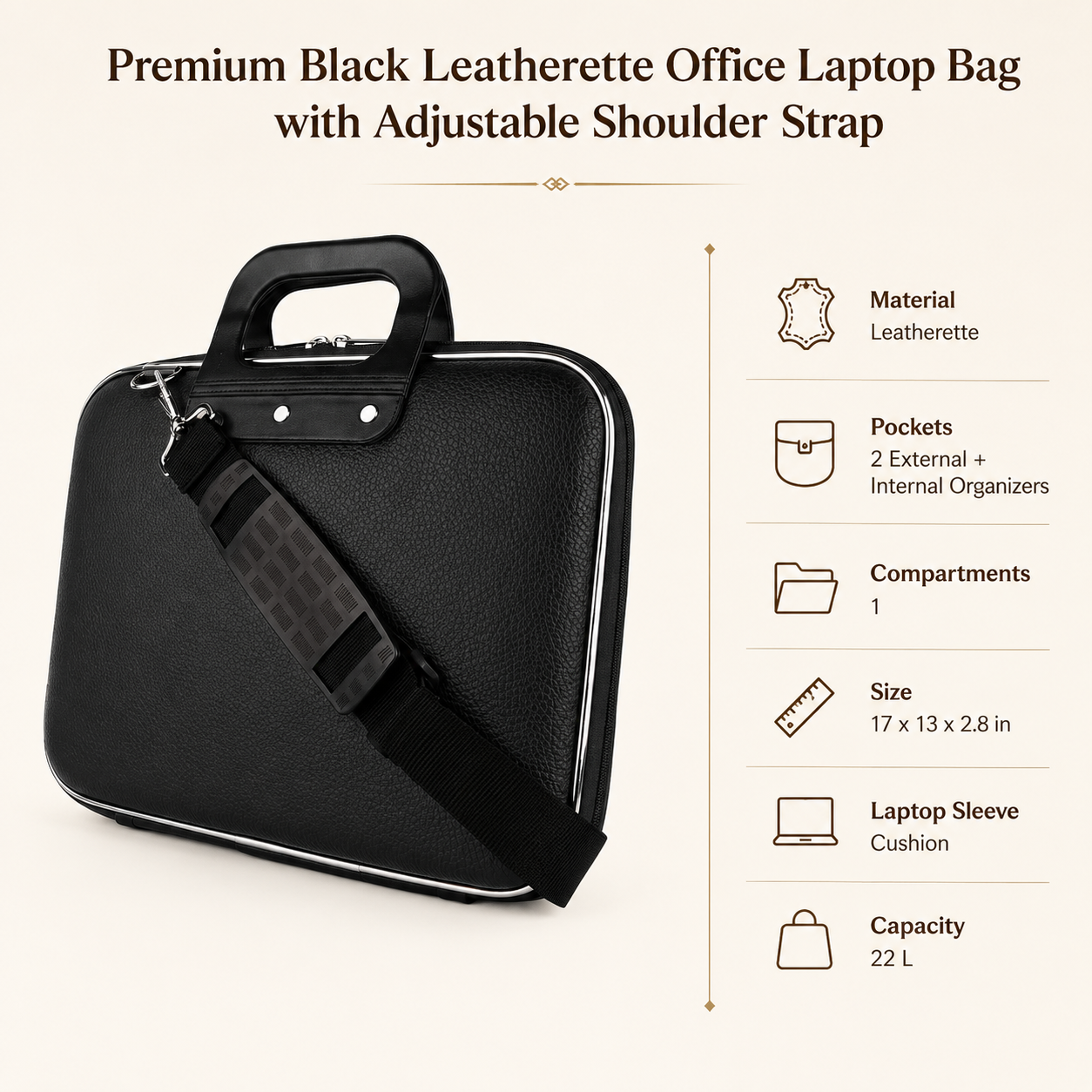 Premium Leatherette Office Laptop Bag With Adjustable Shoulder Strap view 1