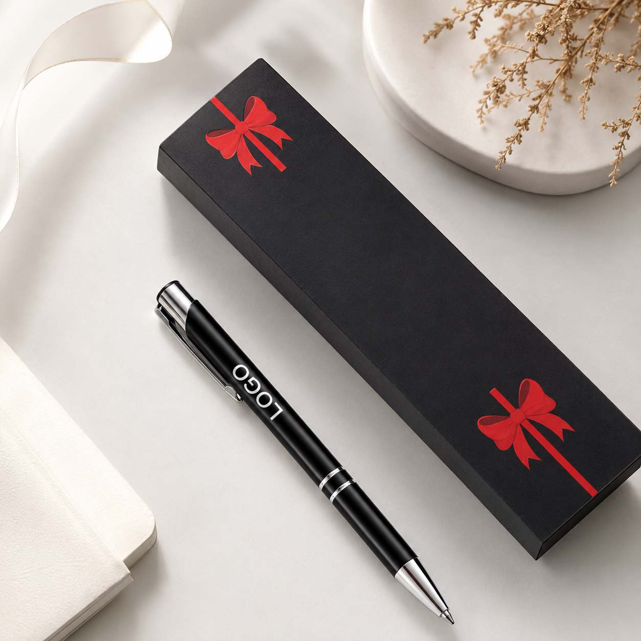 Premium Black Paper Pen Gift Box with Ribbon Print view 3